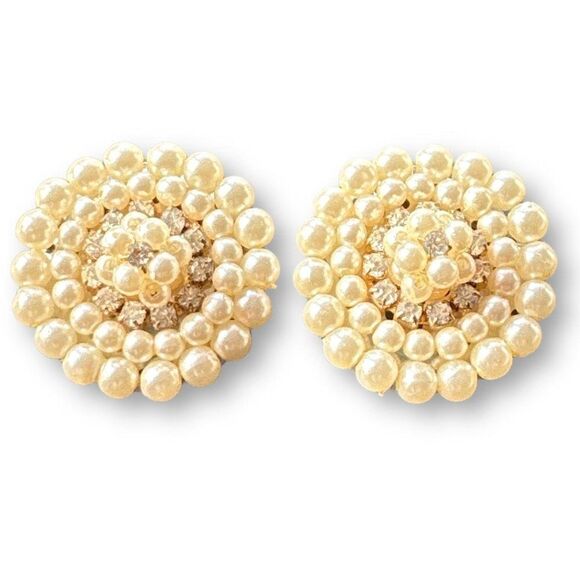 Jewelry - Vintage Imitation Pearl Clip-On Earrings Accented with Rhinestones